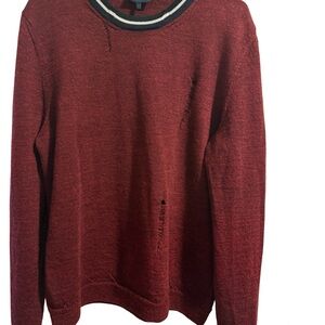 Lanvin Distressed Crewneck Sweater | Oxblood | Contrast Stripe Collar | M